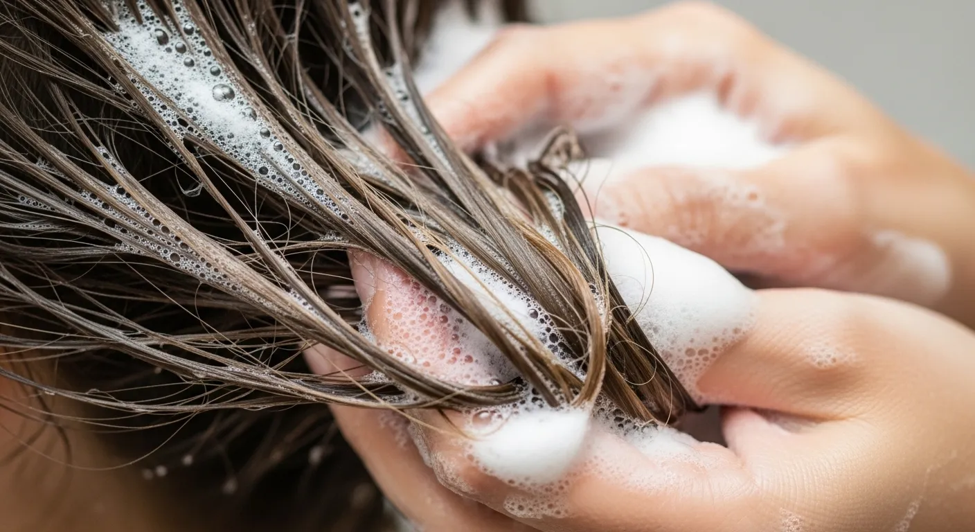 Frasco de shampoo L'Oréal Metal Detox sobre bancada de banheiro com espuma branca visível